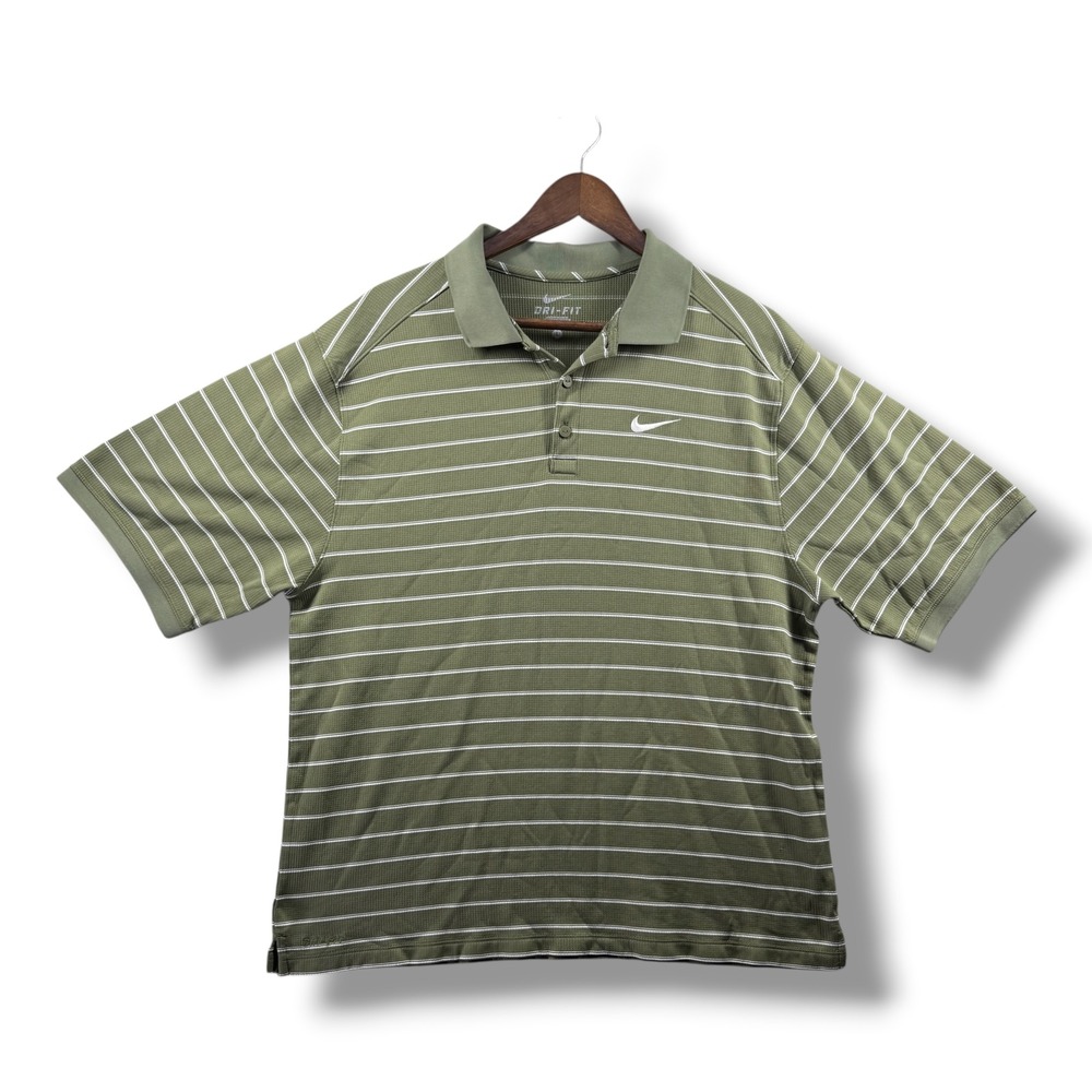 Nike Golf Dri-FIT Polo Shirt Mens Large Olive Green Striped Short Sleeve Swoosh
